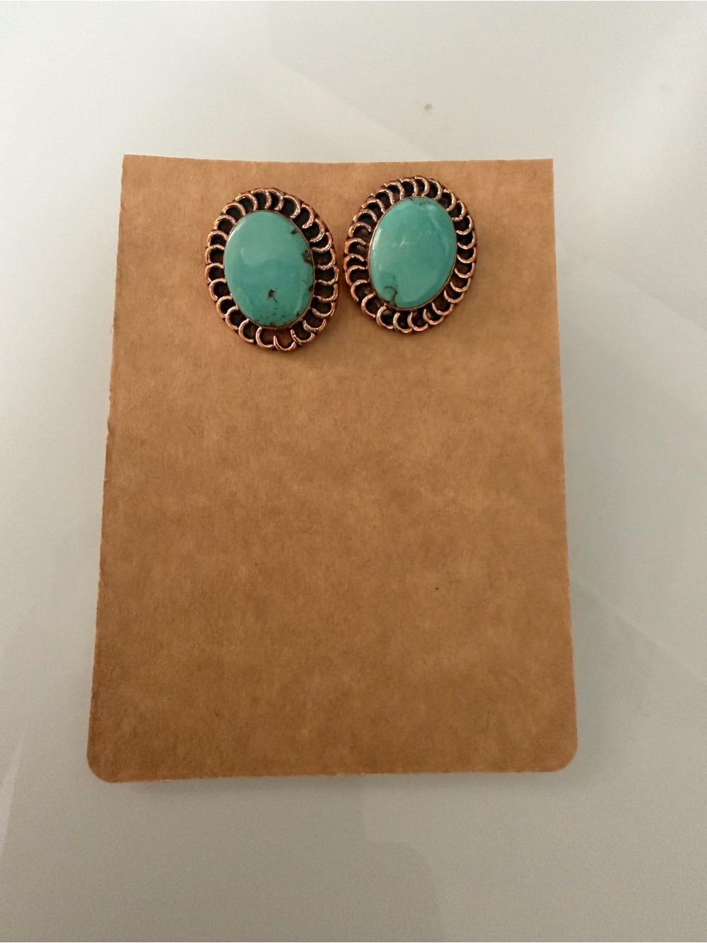 Turquoise Oval Stone Stud Earrings with Copper-Tone Trim
